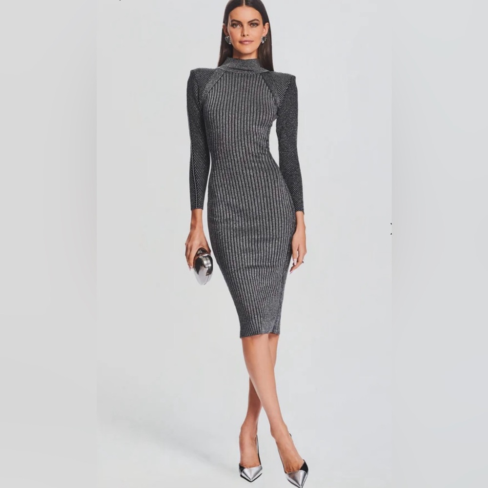 Retrofete Aylin Rib Knit Dress Metallic Sparkle Silver Gray ✨NWOT $398